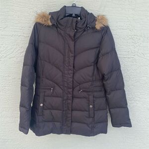 Larry Levine Women's Black Down Puffer Coat Faux Fur Removable Hood Size S